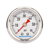 MEASUREMAN 1.5" Dial Size, 304 Stainless Steel case, Liquid Filled Fuel Pressure Gauge, 0-60Psi, 3-2-3%, 1/8" NPT Center Back Mount