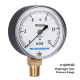 Measureman Diaphragm Type Capsule Low Pressure Gauge, 2-1/2" Dial, 1/4"NPT Lower Mount, Adjustable, 0-15 in H2O(Inches of Water)