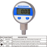 Measureman 2-1/2" dial, Digital Industrial Vacuum Gauge with 1/4"NPT Lower Mount, Stainless Steel case and Connection, -15psi, 1%,Battery Powered, with LED Light