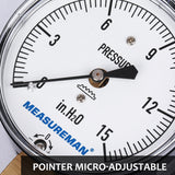 Measureman Diaphragm Type Capsule Low Pressure Gauge, 2-1/2" Dial, 1/4"NPT Lower Mount, Adjustable, 0-15 in H2O(Inches of Water)