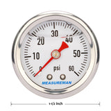 MEASUREMAN 1.5" Dial Size, 304 Stainless Steel case, Liquid Filled Fuel Pressure Gauge, 0-60Psi, 3-2-3%, 1/8" NPT Center Back Mount