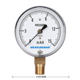 Measureman Diaphragm Type Capsule Low Pressure Gauge, 2-1/2" Dial, 1/4"NPT Lower Mount, Adjustable, 0-15 in H2O(Inches of Water)