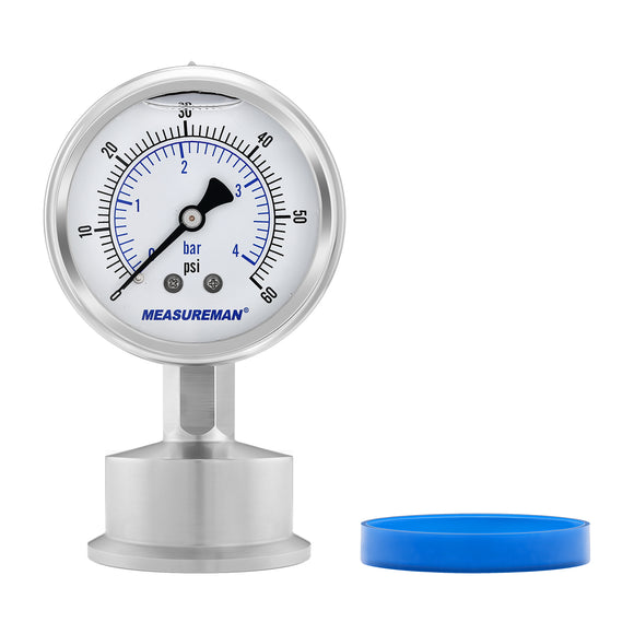 MEASUREMAN Stainless Steel Sanitary Pressure Gauge, 2.5” Dial, 0-60 PSI, Glycerin-Filled for Accuracy, 1.5” Tri Clamp Bottom Mount for Food, Dairy, and Pharmaceutical Applications