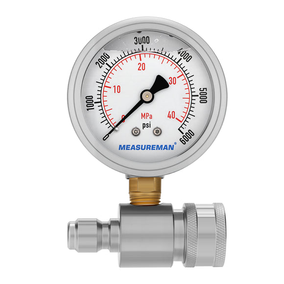Measureman Pressure Washer Gauge Kit, 2-1/2 Inch, 6000 PSI, 3/8 Inch Stainless Steel Quick Connect, Liquid Filled Design
