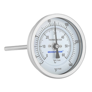 MEASUREMAN Hot Water Bi-Metal Thermometer, 3" Dial, 12" Lead-Free Brass Stem, 32-212°F/0-100°C Range, 2% Accuracy, 1/2" NPT Mount