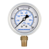 MEASUREMAN 2-1/2 Inch Air Pressure Gauge, 0-100 PSI, Silicone Oil Filled, Heavy-Duty Shockproof, Stainless Steel Case, 1/4 NPT Lower Mount