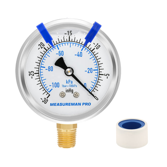 MEASUREMAN PRO 2.5'' Glycerin Filled Pressure Gauge, 30inHg-0 Vacuum,304 Stainless Steel Case, 1/4