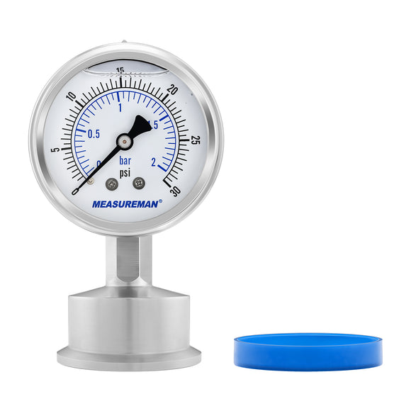 MEASUREMAN Stainless Steel Sanitary Pressure Gauge, 2.5” Dial, 0-30 PSI Range, Glycerin Filled, 1.5” Tri Clamp Bottom Mount