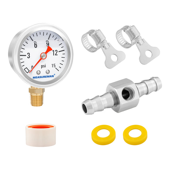 MEASUREMAN 0-15 Psi Glycerin Filled Fuel Pressure Gauge, 1.5” Dial, 304 Stainless Steel Case, 1/8” NPT Lower Mount, with 3/8” Fuel Line Adapter, Copper Tube & Fittings, Red Aluminum Pointer