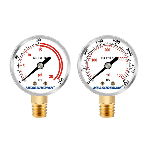 MEASUREMAN Low and High Pressure Gauges for Acetylene Regulator 0-30 psi & 0-400 psi - 2 Inches (Pair) with 1/4