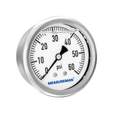 MEASUREMAN 2-1/2" Dial Size, Glycerin Filled Plumbing Pressure Gauge, 0-60psi, Stainless Steel Case, 1/4"NPT Back Mount