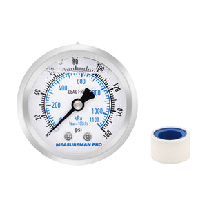 MEASUREMAN PRO 2" Dial Size, Glycerin Filled Pressure Gauge, 0-160psi/kpa, 304 Stainless Steel Case, 1/4" NPT Back Mount,for Pool Sand Filter, Water Pump, Propane, Coolant, CO2, Gas, Test