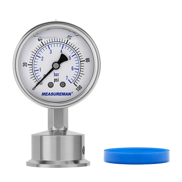 MEASUREMAN Stainless Steel Sanitary Pressure Gauge, 2.5” Dial, 0-100 PSI Range, Glycerin Filled, 1.5” Tri Clamp Bottom Mount