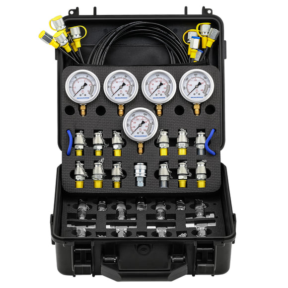 MEASUREMAN Hydraulic Pressure Test Kit with 5 Gauges (10/100/280/400/700bar, Max 10000psi/60Mpa), 13 Test Couplings, 14 Tee Connectors, 5 Test Hoses, for Excavator and Construction Machinery