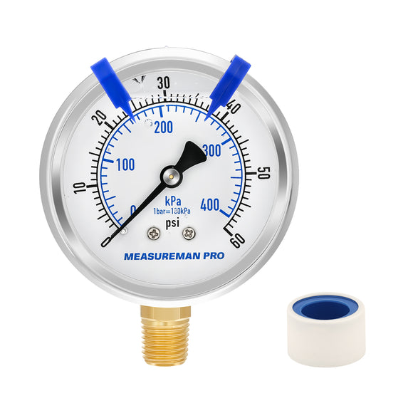 MEASUREMAN PRO 2.5'' Glycerin Filled Pressure Gauge, 0-60psi/kpa, 304 Stainless Steel Case, 1/4