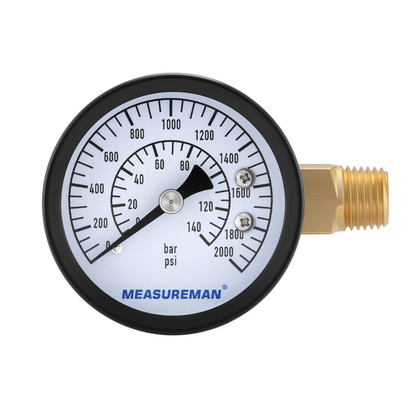MEASUREMAN CO2 Regulator Gauge Set for Beer Kegs, 0-2000 PSI, Dual Scale, Bar/PSI, 2’’ Dial, 1/4’’ NPT, Black Iron Case, Aluminum Pointer, Brass Components, with Hose Clamps& Nylon seals