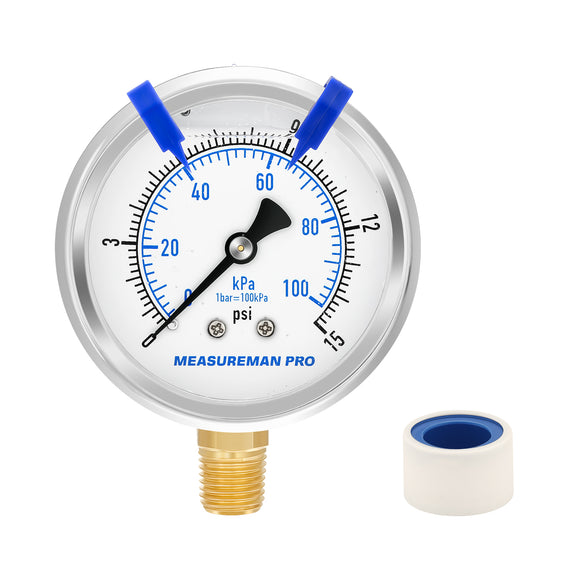 MEASUREMAN PRO 2.5'' Glycerin Filled Pressure Gauge, 0-15psi/kpa, 304 Stainless Steel Case, 1/4