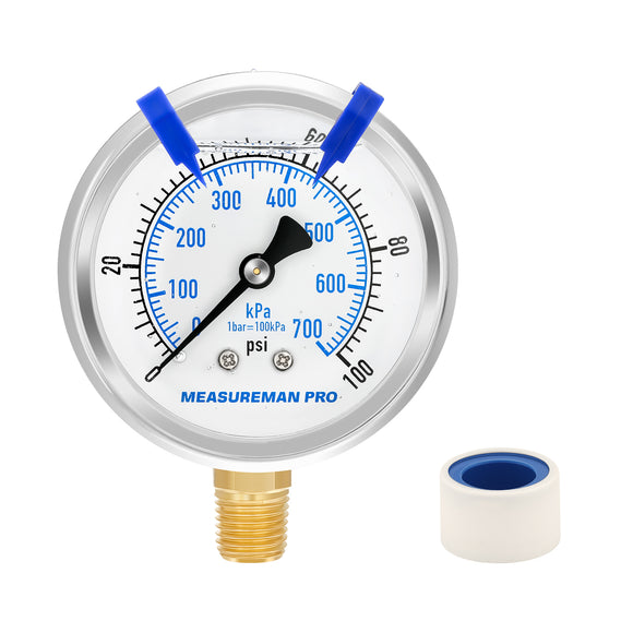 MEASUREMAN PRO 2.5'' Glycerin Filled Pressure Gauge, 0-100psi/kpa, 304 Stainless Steel Case, 1/4