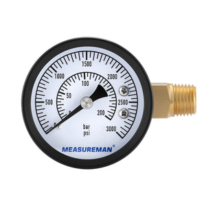 MEASUREMAN CO2 Regulator Gauge Set for Beer Kegs, 0-3000 PSI, Dual Scale, Bar/PSI, 2’’ Dial, 1/4’’ NPT, Radial Mount, Black Iron Case, Aluminum Pointer, Brass Components, with Hose Clamps& Nylon Seals