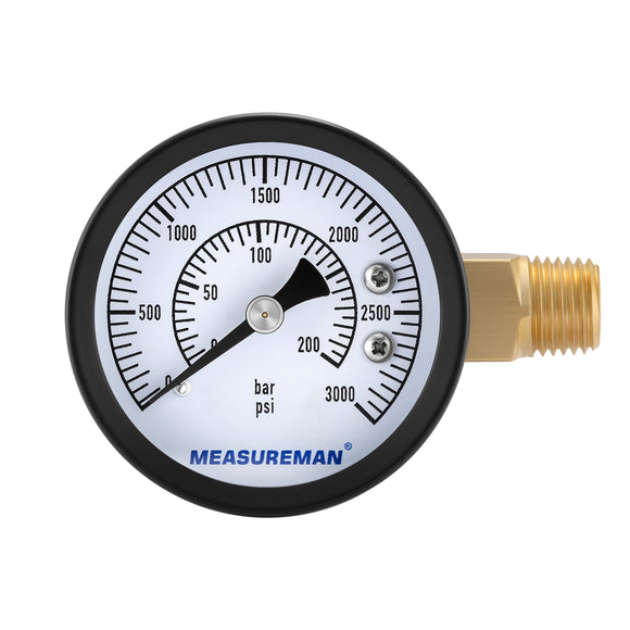 MEASUREMAN CO2 Regulator Gauge Set for Beer Kegs, 0-3000 PSI, Dual Scale, Bar/PSI, 2’’ Dial, 1/4’’ NPT, Radial Mount, Black Iron Case, Aluminum Pointer, Brass Components, with Hose Clamps& Nylon Seals