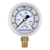 MEASUREMAN 2-1/2 Inch Industrial Air Gauge, 0-160 PSI, Silicone Oil Filled, Heavy-Duty Shockproof, Stainless Steel Case, 1/4 NPT Lower Mount