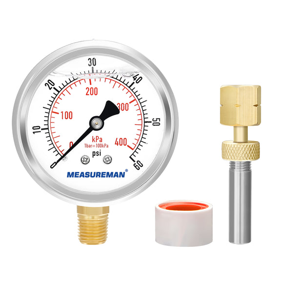 MEASUREMAN 0-100psi/kpa Liquid Filled Pressure Gauge with Brass Gauge Adaptor 1/4NPT Female，2-1/2 OAL x 1-2/5