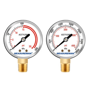 MEASUREMAN Low and High Pressure Gauges for Acetylene Regulator 0-30 psi & 0-400 psi - 2.5''Inches (Pair) with 1/4" Thread for LDP Regulators