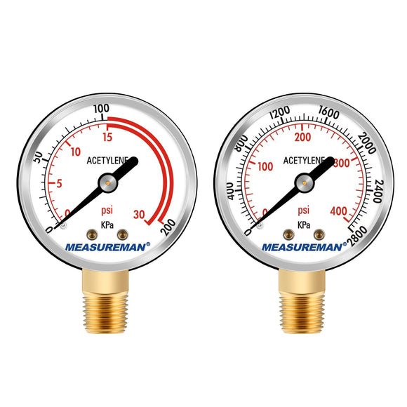 MEASUREMAN Low and High Pressure Gauges for Acetylene Regulator 0-30 psi & 0-400 psi - 2.5''Inches (Pair) with 1/4