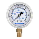 MEASUREMAN 2-1/2 Inch Water Pressure Gauge, 0-60 PSI, Silicone Oil Filled, All-Weather Antifreeze, Stainless Steel Case, 1/4 NPT Lower Mount