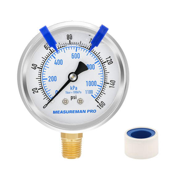 MEASUREMAN PRO 2.5'' Glycerin Filled Pressure Gauge, 0-160psi/kpa, 304 Stainless Steel Case, 1/4