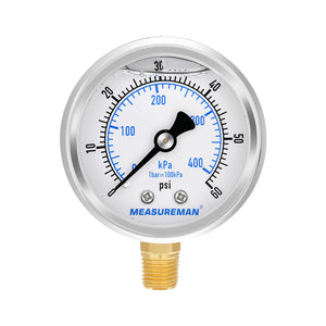 MEASUREMAN Pool Filter Pressure Gauge Replacement, 0-60 PSI, 2-inch Dial, 1/4 NPT Bottom Mount, Stainless Steel, Oil Filled, Waterproof