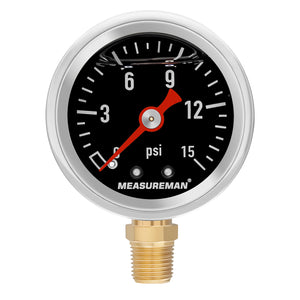 MEASUREMAN 1-1/2" Dial Size Black Dial, Glycerin Filled Fuel Pressure Gauge, 304 Stainless Steel case, 0-15Psi, -3-2-3%, 1/8" NPT Lower Mount