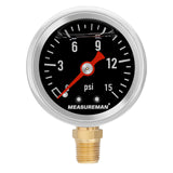 MEASUREMAN 1-1/2" Dial Size Black Dial, Glycerin Filled Fuel Pressure Gauge, 304 Stainless Steel case, 0-15Psi, -3-2-3%, 1/8" NPT Lower Mount
