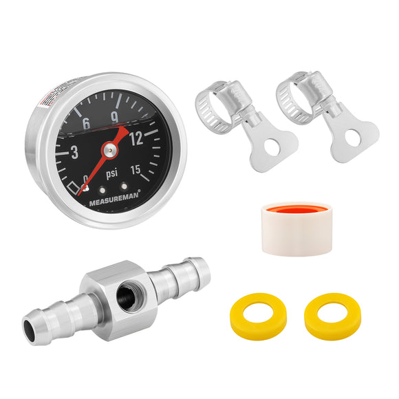 MEASUREMAN 0-15 Psi Glycerin Filled Fuel Pressure Gauge, 1.5” Dial, 304 Stainless Steel Case, 1/8” NPT Center Back Mount, with 3/8” Fuel Line Adapter, Copper Tube & Fittings, Red Aluminum Pointer