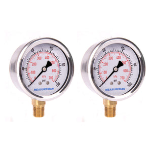MEASUREMAN 2-1/2" Dial Size, Glycerin Filled Pressure Gauge, 0-100psi/kpa, 304 Stainless Steel Case, 1/4"NPT Lower Mount 2 Pack