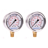 MEASUREMAN 2-1/2" Dial Size, Glycerin Filled Pressure Gauge, 0-100psi/kpa, 304 Stainless Steel Case, 1/4"NPT Lower Mount 2 Pack
