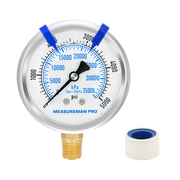 MEASUREMAN PRO 2.5'', Glycerin Filled Pressure Gauge, 0-5000psi/kpa, 304 Stainless Steel Case, 1/4
