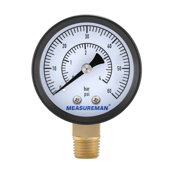 MEASUREMAN CO2 Regulator Gauge Set for Beer Kegs, 0-60 PSI, Dual Scale, Bar/PSI, 2’’ Dial, 1/4’’ NPT, Radial Mount, Black Iron Case, Aluminum Pointer, with Hose Clamps& Nylon seal