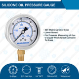 MEASUREMAN 2-1/2 Inch Water Pressure Gauge, 0-60 PSI, Silicone Oil Filled, All-Weather Antifreeze, Stainless Steel Case, 1/4 NPT Lower Mount
