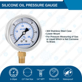 MEASUREMAN 2-1/2 Inch Low Pressure Gauge, 0-30 PSI, Silicone Oil Filled, All-Weather Antifreeze, Stainless Steel Case, 1/4 NPT Lower Mount