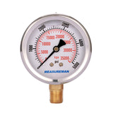 MEASUREMAN 2-1/2" Dial Size, Liquid Filled Hydraulic Pressure Gauge, 0-5000psi/kpa, 304 Stainless Steel Case, 1/4"NPT Lower Mount 2 Pack