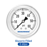 MEASUREMAN 2-1/2" Dial Size, Glycerin Filled Plumbing Pressure Gauge, 0-60psi, Stainless Steel Case, 1/4"NPT Back Mount
