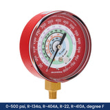 MEASUREMAN New Refrigeration Pressure Gauge, 3-1/8” Red Dial, 0-800 PSI, R-134a, R-404A, R-22, R-410A, Degree F, Adjustable Pointer, 1/8” NPT Lower Mount
