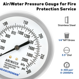 MEASUREMAN Professional 3.5" Fire Protection Pressure Gauge，0-300 PSI Dual Scale，1/4 NPT Lower Mount，304 Stainless Steel Case