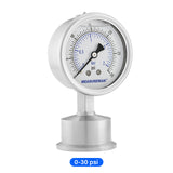 MEASUREMAN Stainless Steel Sanitary Pressure Gauge, 2.5” Dial, 0-30 PSI Range, Glycerin Filled, 1.5” Tri Clamp Bottom Mount