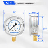 MEASUREMAN PRO 2" Dial Size, Glycerin Filled Pressure Gauge, 0-15psi/kpa, 304 Stainless Steel Case, 1/4" NPT Lower Mount, Lead-Free
