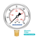 MEASUREMAN 0-100psi/kpa Liquid Filled Pressure Gauge with Brass Gauge Adaptor 1/4NPT Female，2-1/2 OAL x 1-2/5" x 1/8" Probe with Stainless Steel Sheath，Pressure Test Kit