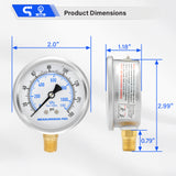 MEASUREMAN PRO 2" Dial Size, Glycerin Filled Pressure Gauge, 0-160psi/kpa, 304 Stainless Steel Case, 1/4" NPT Lower Mount, Lead-Free