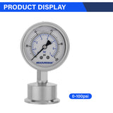 MEASUREMAN Stainless Steel Sanitary Pressure Gauge, 2.5” Dial, 0-100 PSI Range, Glycerin Filled, 1.5” Tri Clamp Bottom Mount