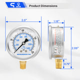 MEASUREMAN PRO 2" Dial Size, Glycerin Filled Pressure Gauge, 0-200psi/kpa, 304 Stainless Steel Case, 1/4" NPT Lower Mount, Lead-Free